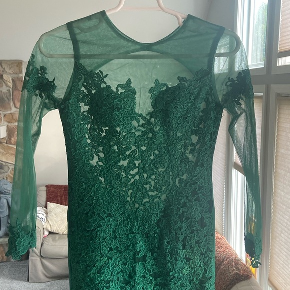 Elegant Green Sheer- Lace & Satin Dress - Picture 6 of 16